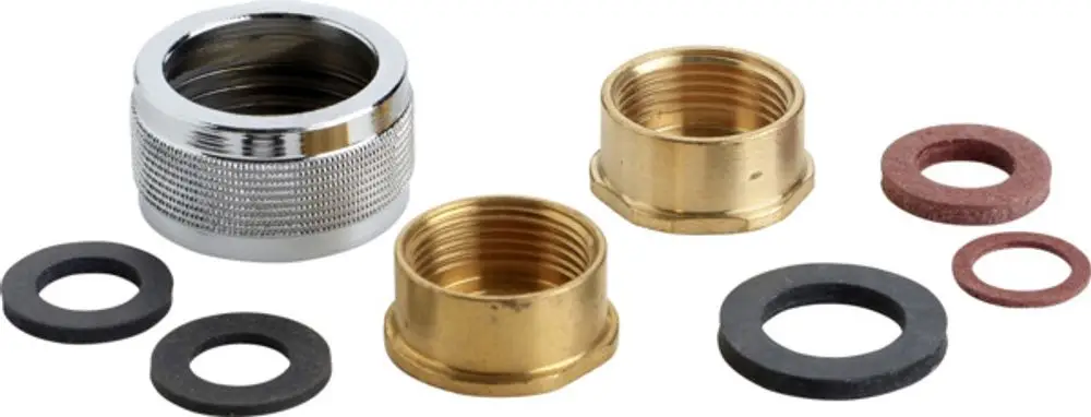 Verschraubungsteile von Ideal Standard, bestehend aus einer Metallverschraubung und verschiedenen Dichtungen in unterschiedlichen Materialien und Größen, angeordnet auf hellem Untergrund.